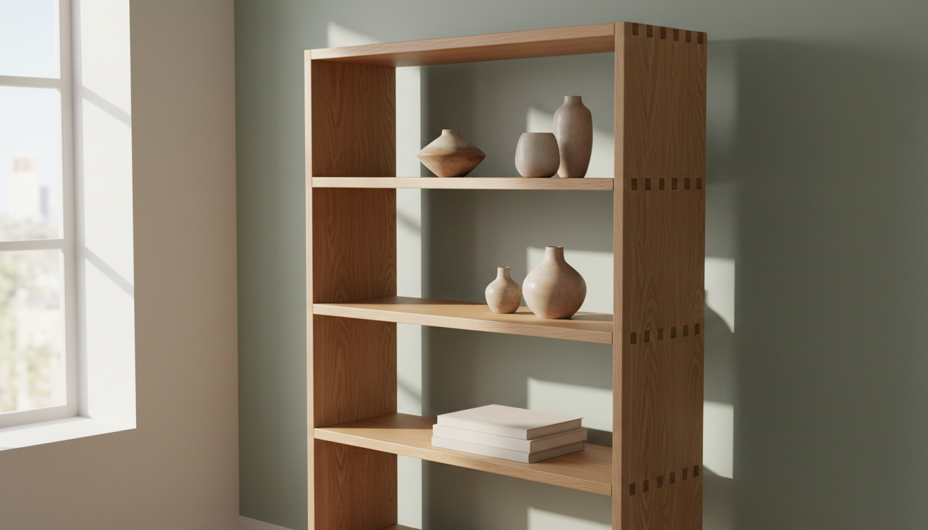 A handcrafted, solid oak open-shelving unit featuring precise joinery, fine, sanded edges, and a natural matte finish. Resting against a muted sage-green accent wall in a well-lit study, the shelves display tasteful arrangements of ceramic vases and an art book stack, with all decor strictly minimal and carefully positioned. Morning sunlight filters in softly from the side, casting refined, elongated shadows and illuminating the wood’s intricate texture. The image is shot from an elevated three-quarter angle, employing shallow depth of field to emphasize craftsmanship. The tone is contemplative and quietly inspiring, with a photographic, minimalist approach that captures the individuality and high quality of bespoke furniture.