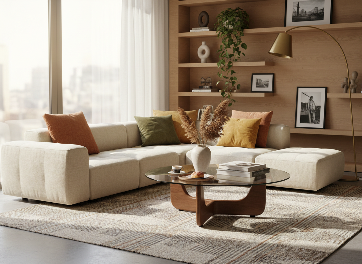 Warm, stylish living room corner with Italian-designed modular sofa and coffee table, photographed in soft natural light, matching the current site aesthetic