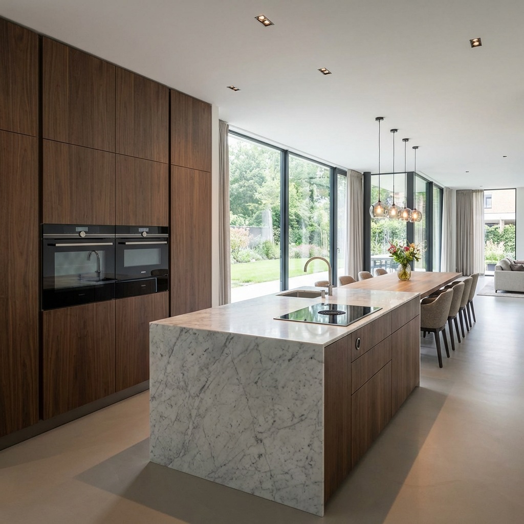 Modern kitchen with marble island, dark wood cabinets, and garden views through large windows.