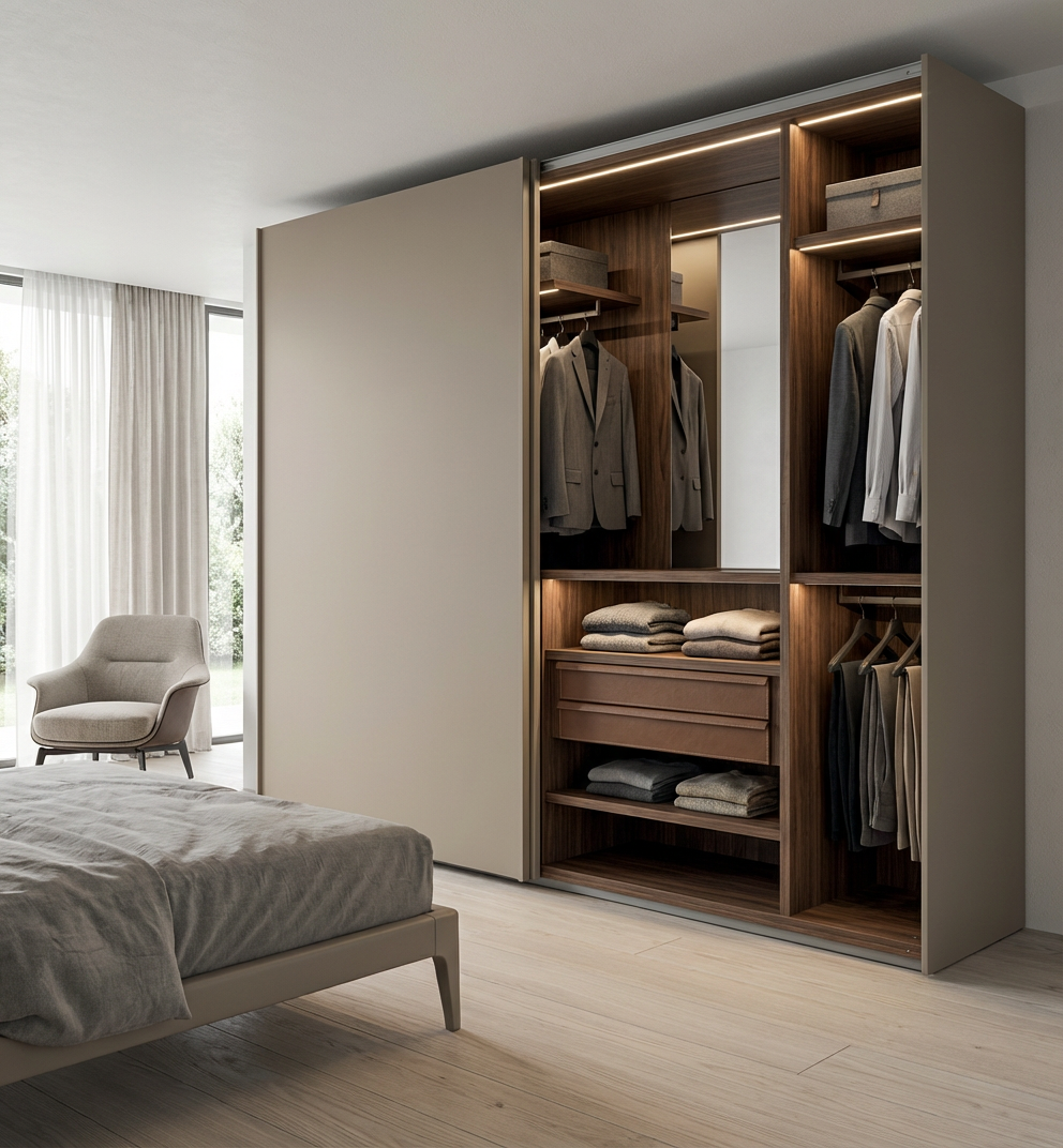 Modern bedroom featuring a large built-in wardrobe with sliding doors and integrated lighting.